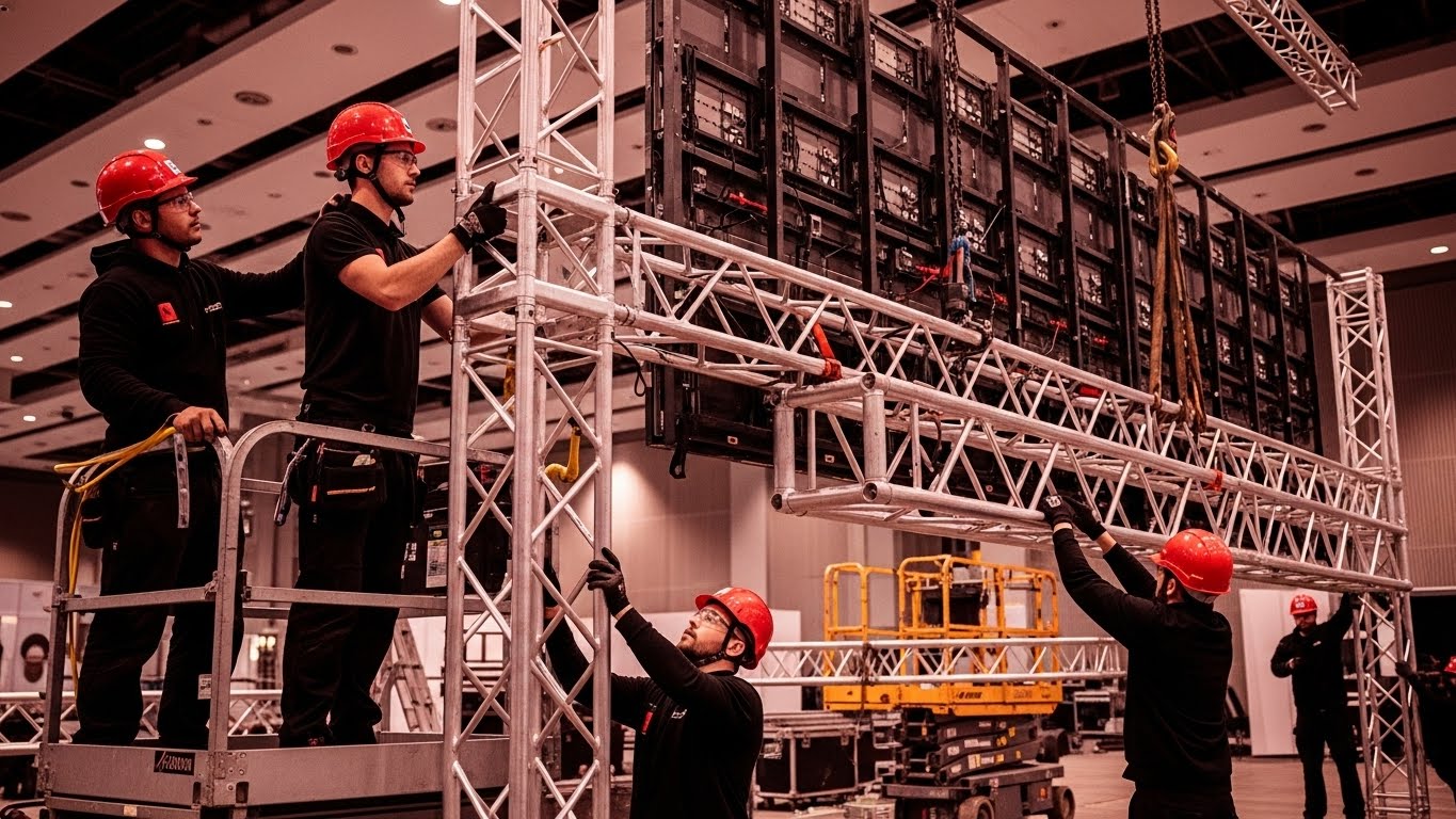 Equipe montando estrutura metálica de suporte