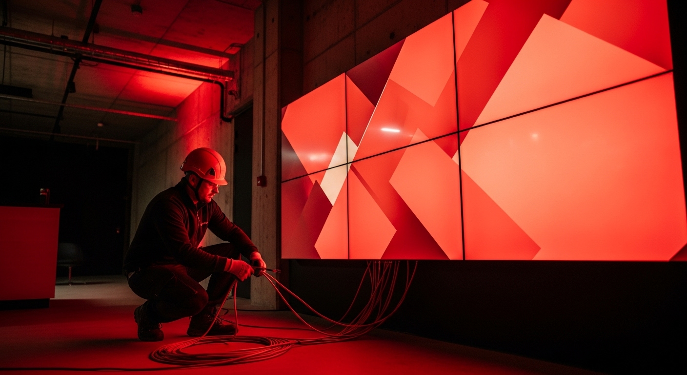 Técnico instalando cabeamento em videowall
