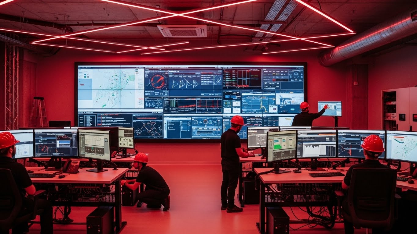 Sala de controle com videowall e múltiplas telas